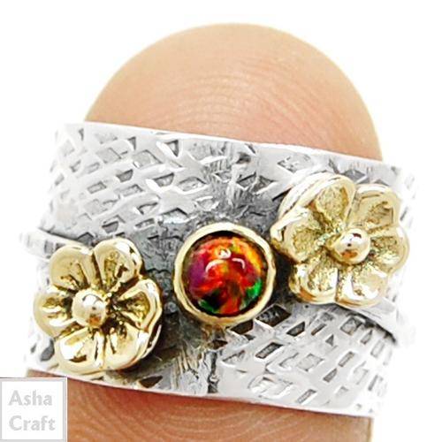 handcraft 9CT YELLOW GOLD VERMEIL FIRE OPAL 925 STERLING SILVER RING