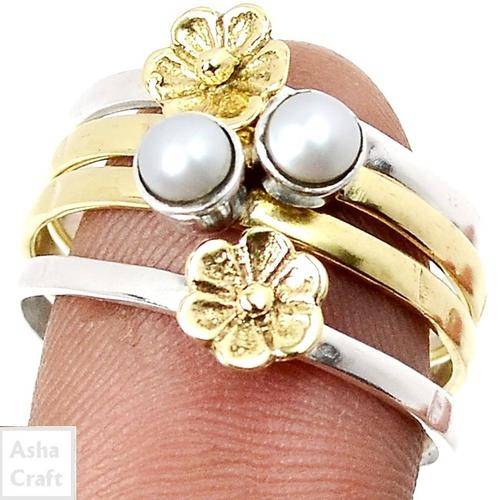 handcraft 9CT YELLOW GOLD VERMEIL PEARL 925 STERLING SILVER RING SET