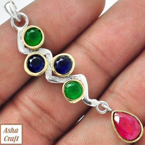 18K GOLD VERMEIL TWO TONE 6.00CARAT SAPPHIRE, EMERALD, RUBY PENDANT JEWELRY