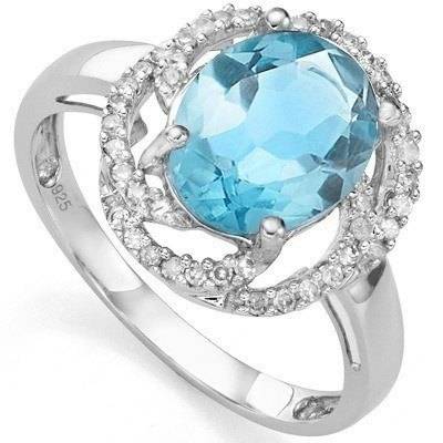 Pretty 3.16 CT Blue Topaz & 2 Pcs White Diamond Platinum Over 0.925 Sterling Silver Ring