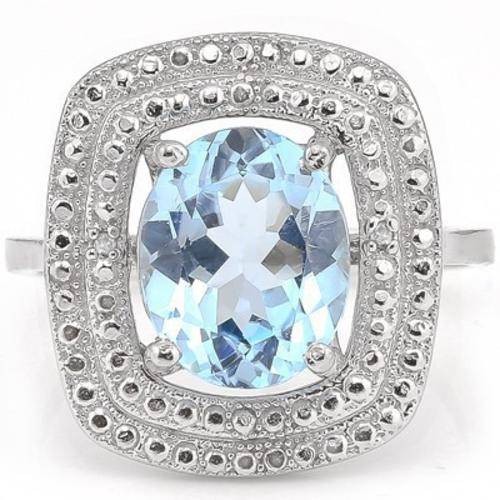 Brilliant 3.13 CT Blue Topaz and White Diamonds Platinum Over 0.925 Sterling Silver Ring
