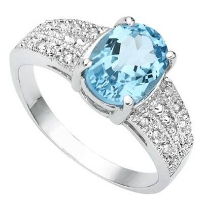 DAZZLING 2.40 CT BLUE TOPAZ & WHITE DIAMONDS 0.925 STERLING SILVER W/ PLATINUM RING