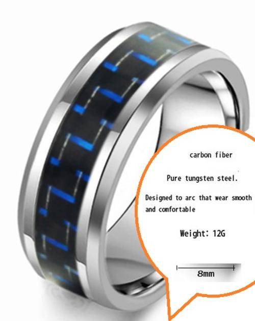 Blue Carbon Fibre Comfort Fit Tungsten Carbide Mens Ring - Size 9 / S