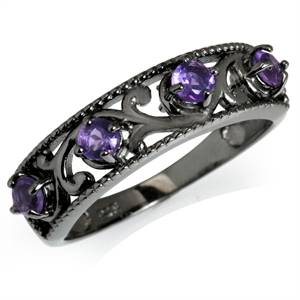 0.48ct. 4-Stone Natural Amethyst BLACK 925 Solid Silver Filigree Ring. Size 10