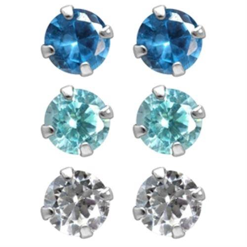 6-Piece 5MM Blue & White CZ 925 Sterling Silver Stud Earrings Set