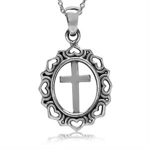 Genuine 92.5% Sterling Silver Cross in Hearts Pendant