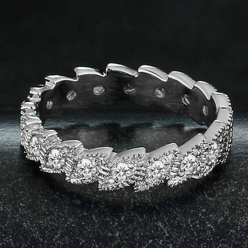 Classic "Leaf" Rhodium Plated CZ Lady Eternity Ring - Size 6