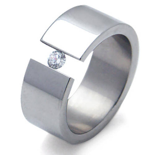 Size 7.5 / P - Authentic Stainless Steel & Cr. Diamond Wedding Band Ring