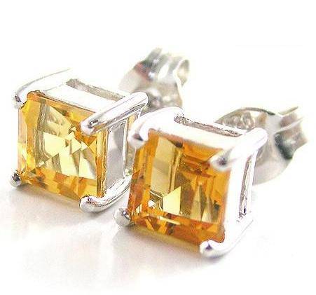 ASHA CRAFT - 100% REAL 1.20ct Citrine 925 Sterling Silver Princess Cut Earrings