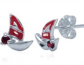 100% REAL 0.10ct Garnet SAILBOAT 925 Sterling Silver Earrings