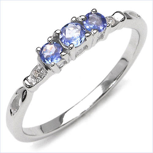 ASHA CRAFT - 100% REAL 0.27ct Tanzanite and Diamond 925 Sterling Silver Ring Size 7 / O