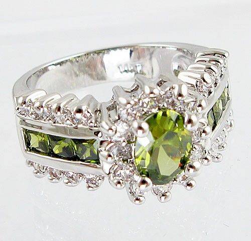 Oval Cut Peridot and White Topaz Ring - Size 8