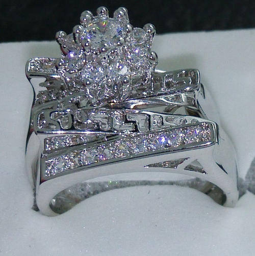 10kt White Gold Filled White Topaz Gemstone Wedding Ring Set - Size 8