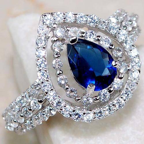 2CT Blue Sapphire & White Topaz 925 Solid Genuine Sterling Silver Ring Sz 8