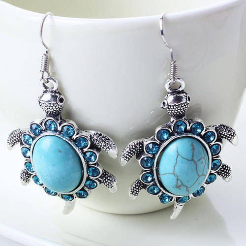 Natural Hot Turquoise Turtle Tibet Silver Hook Earrings