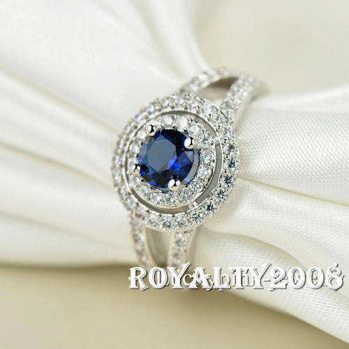 White gold filled & Blue topaz Wedding Ring Set - Size 7