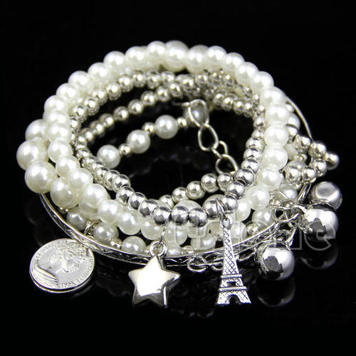 Unique Gold / Silver Metal Faux Pearl Multilayer Pendant Bracelet