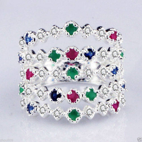925 Silver Filled Multicolor Gemstone Ring 304 - Size 9