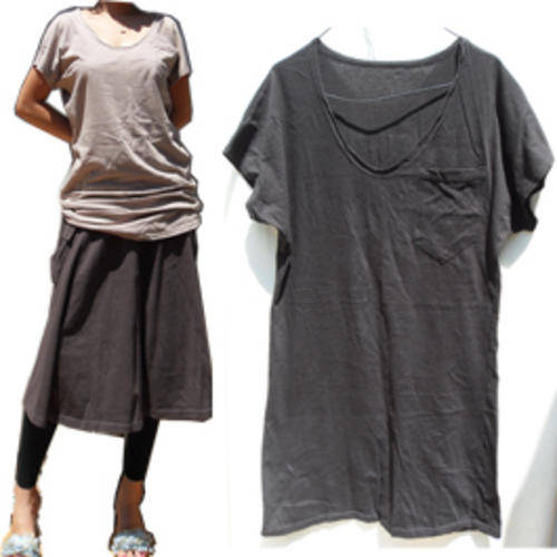 V Neck Bagic Short Sleeves Long Top with Poket