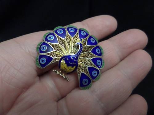 Beautiful Peacock Silver and Enamel Brooch  (No hallmarks but has been tested for sillver) 7 grams