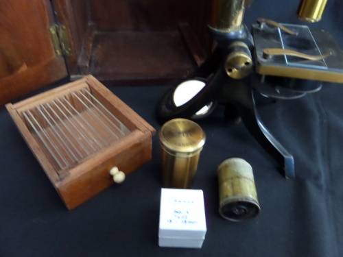 H Hughes & Sons Ltd Microscope 1917 with Accessories in Wooden Box  26 cm