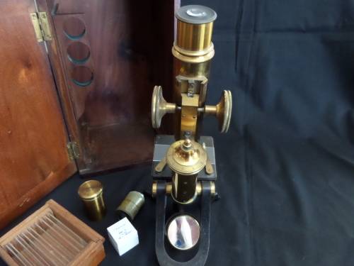 H Hughes & Sons Ltd Microscope 1917 with Accessories in Wooden Box  26 cm