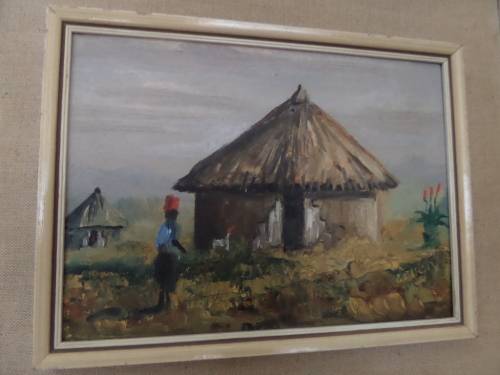Oil on Board - Africain Hut -Artist Green -37cm x 31cm