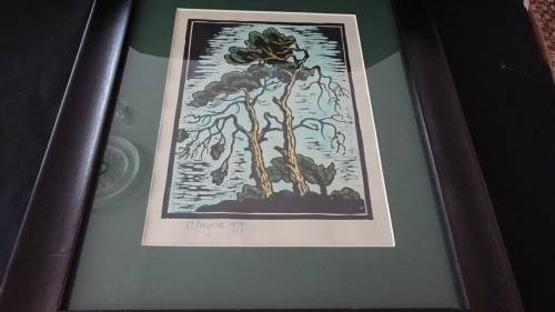 Gregoire Boonzaier 1909 - 2005 Linocut  Wind Swept Pine Trees- Signed in Pencil and dated 1979