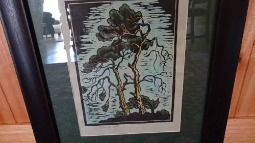 Gregoire Boonzaier 1909 - 2005 Linocut  Wind Swept Pine Trees- Signed in Pencil and dated 1979