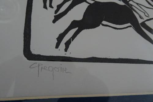 Very Rare Gregoire Boonzaier 1909 - 2005 Linocut  Bushmen and Wildlife  - Signed in Pencil