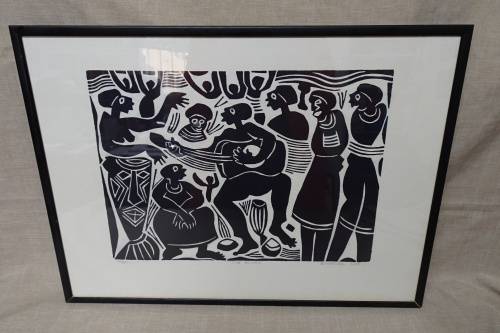South Africain Artist Boycie Ezekiel Madiba (1948) Township Scene Limited Edition 14/50 Woodcut