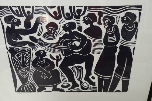 South Africain Artist Boycie Ezekiel Madiba (1948) Township Scene Limited Edition 14/50 Woodcut