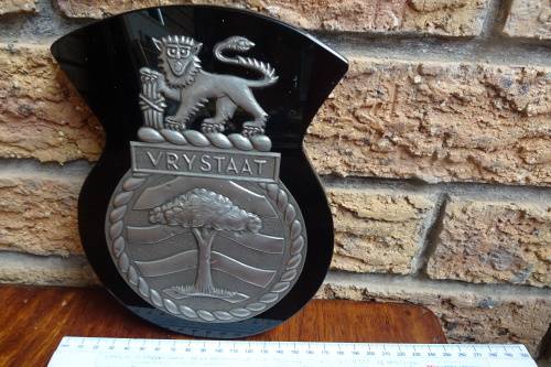 Stunning South Africain Navy Ships Plaque - Vrystaat - Pewter and Glass mounted on Wood