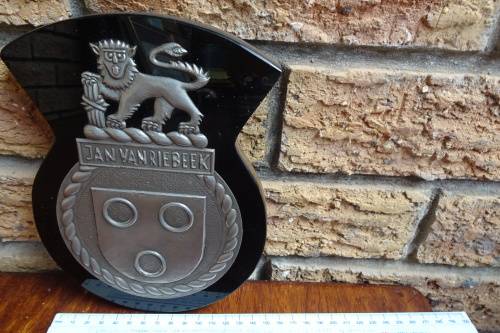 Stunning South Africain Navy Ships Plaque -Jan van Riebeek - Pewter and Glass mounted on Wood