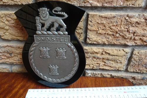 Stunning South Africain Navy Ships Plaque - S.V.D Stel- Pewter and Glass mounted on Wood