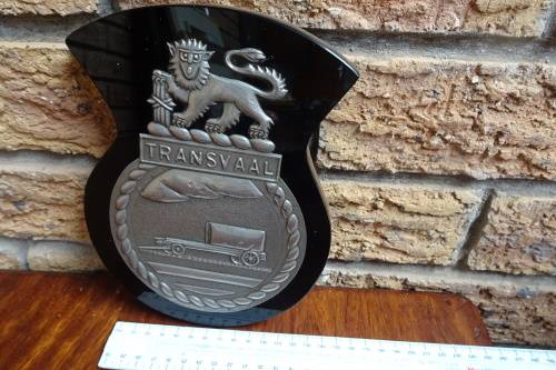 Stunning South Africain Navy Ships Plaque - Transvaal - Pewter and Glass mounted on Wood
