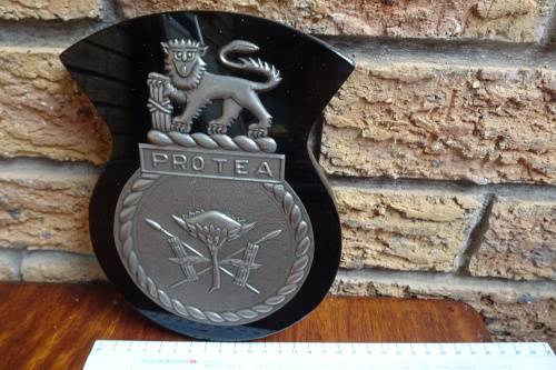 Stunning South Africain Navy Ships Plaque - Protea - Pewter and Glass mounted on Wood