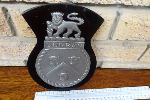 Stunning South Africain Navy Ships Plaque - Durban - Pewter and Glass mounted on Wood