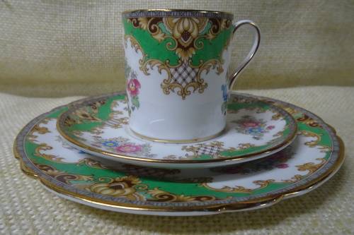 Shelley Sheraton Green Floral Demitasse Bone China Cup, Saucer and Small Cake Plate #13290