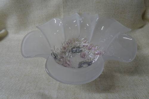 Stunning White Frosted Glass Floral Ruffled Large Bowl with Embossed Flowers