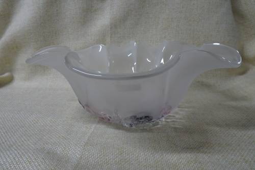 Stunning White Frosted Glass Floral Ruffled Large Bowl with Embossed Flowers