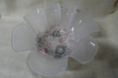 Stunning White Frosted Glass Floral Ruffled Large Bowl with Embossed Flowers
