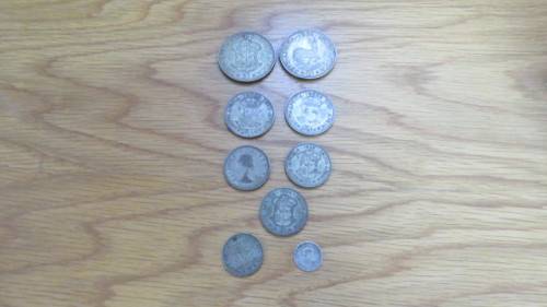 Lot of Nine Union of South Africa Silver Coins 5s, 2 1/2s, 2s, 1s, 3 Tickey