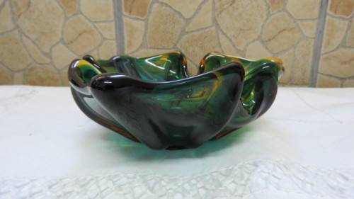 Beautiful Vintage Murano Green/Turquoise/Amber Glass Ashtray 17 x 16 cm H: 6 cm