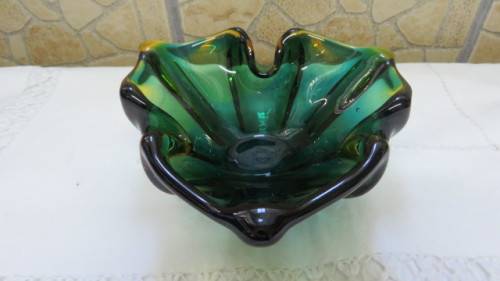 Beautiful Vintage Murano Green/Turquoise/Amber Glass Ashtray 17 x 16 cm H: 6 cm
