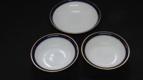 Vintage Hutschenreuther Cobalt Blue White/Gold `Olivia` Coffee Set/Three Bowls. See Description.