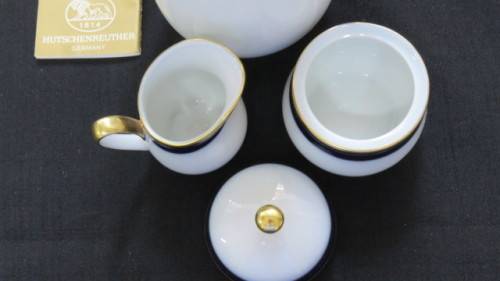 Vintage Hutschenreuther Cobalt Blue White/Gold `Olivia` Coffee Set/Three Bowls. See Description.
