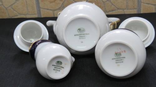 Vintage Hutschenreuther Cobalt Blue White/Gold `Olivia` Coffee Set/Three Bowls. See Description.