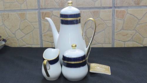 Vintage Hutschenreuther Cobalt Blue White/Gold `Olivia` Coffee Set/Three Bowls. See Description.