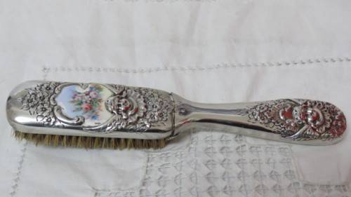 Beautiful Antique Silverbacked Clothes Brush/ Hair Brush Enamel Decoration. Details in Description